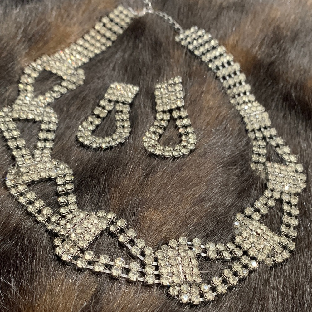 Gunmetal Rhinestone Necklace and Earring Set